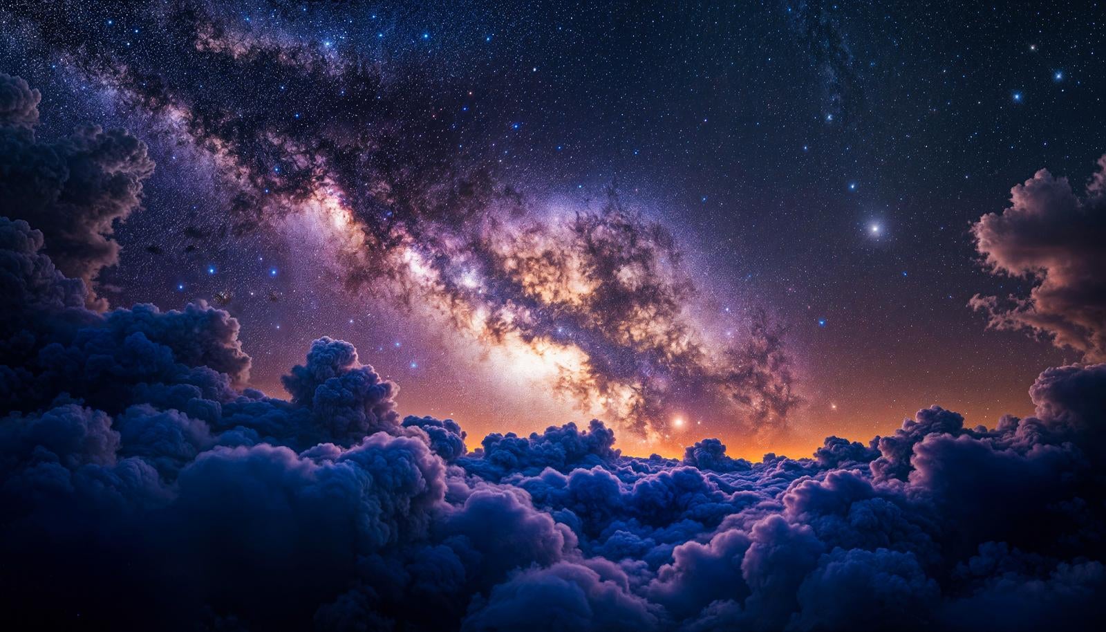 雲海の上に天の川と無数の星が広がる夜空のAI生成画像