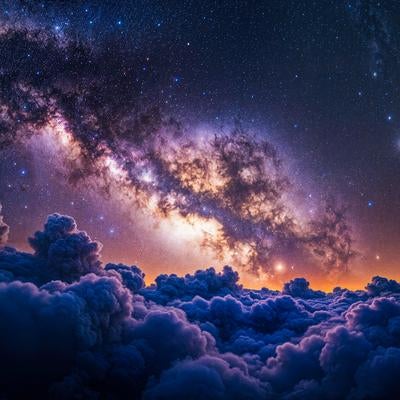 雲海の上に広がる天の川と満天の星空の写真