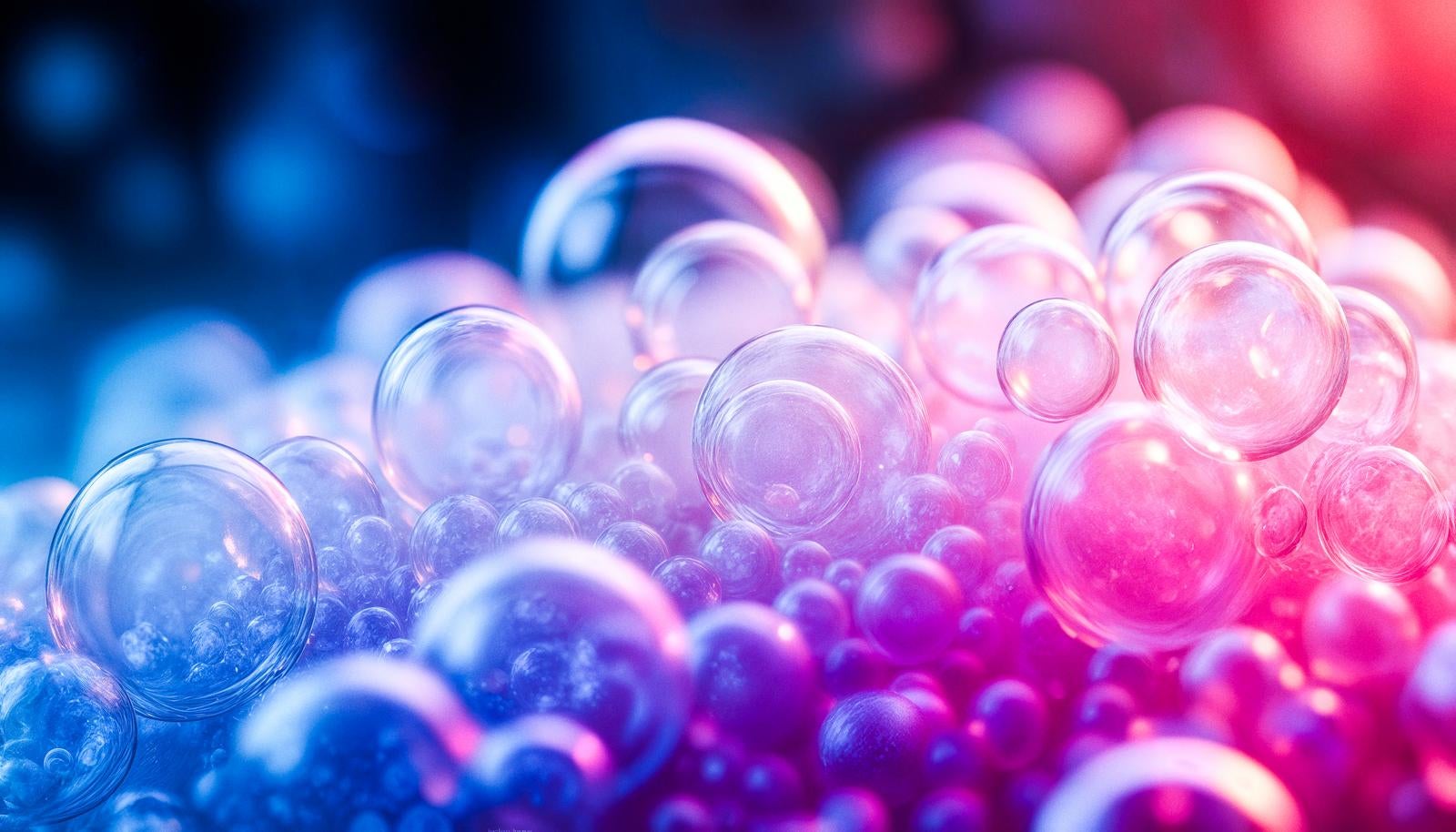 青とピンクのグラデーション照明に照らされた大小の透明なシャボン玉が密集しているマクロ風のAI画像