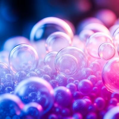 青とピンクの光に包まれたシャボン玉の集まりの写真