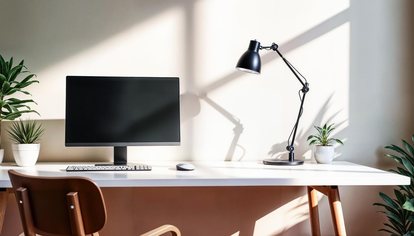 白いデスクにPCモニターやデスクライト、観葉植物が並ぶシンプルなワークスペース