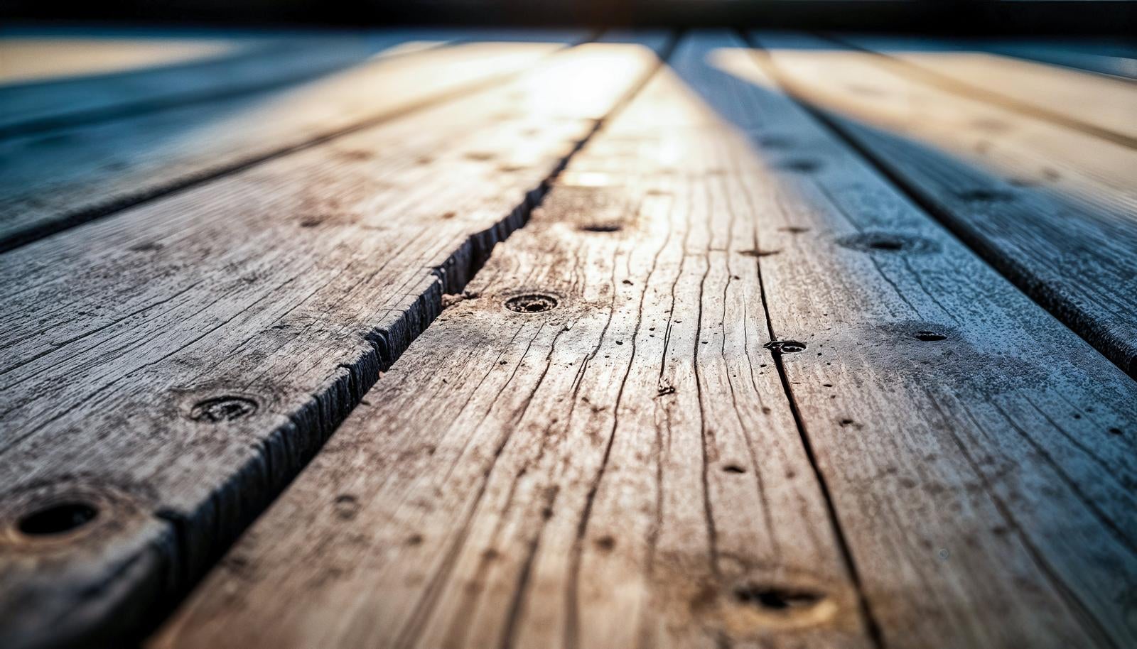 AI image of an old wooden plank with cracks and nail marks, photographed from a low angle in close-up