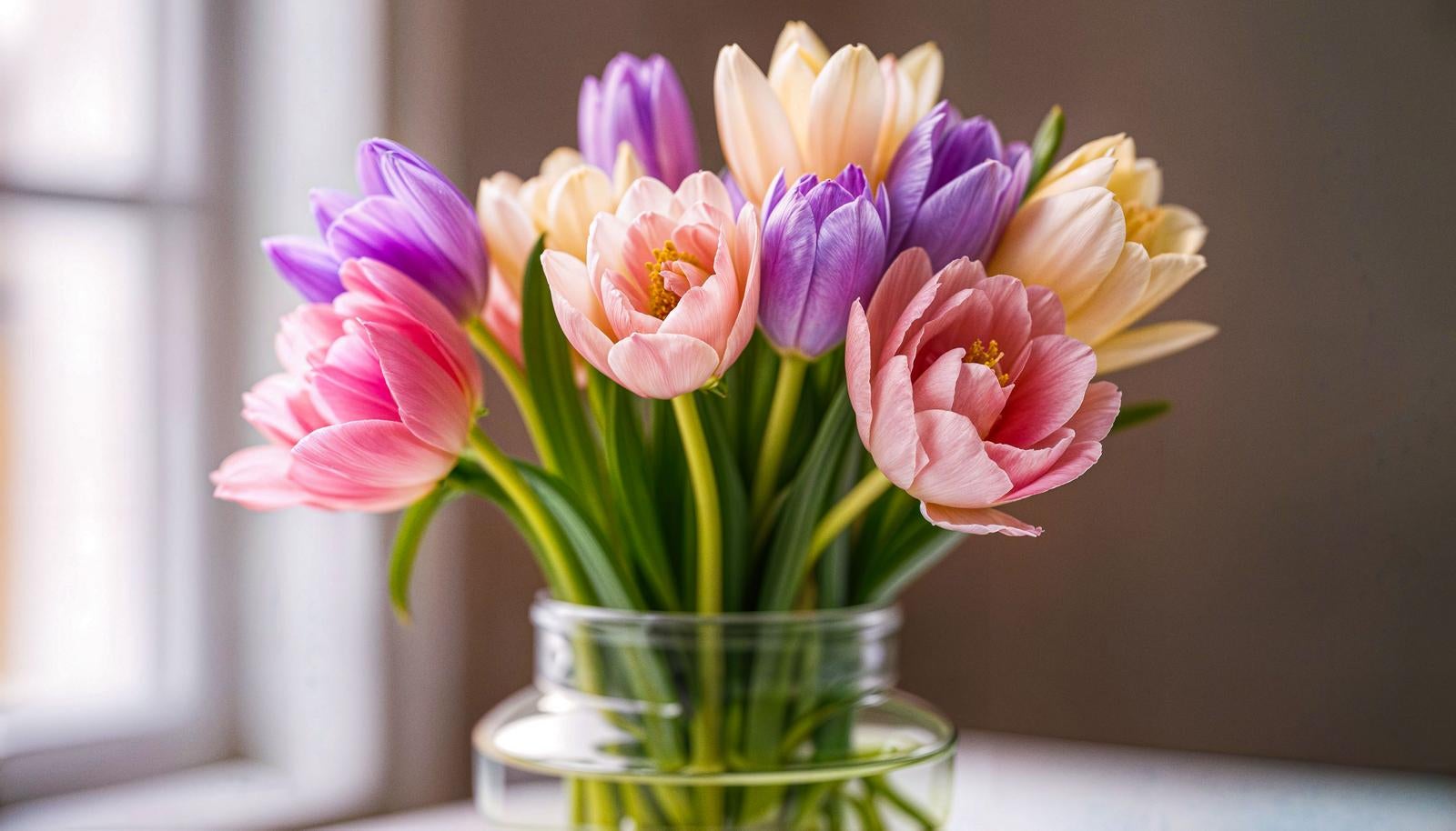 窓際のガラスの花瓶にピンクや紫のチューリップを生けた春らしい花束