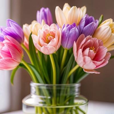 ガラスの花瓶に生けたチューリップの写真