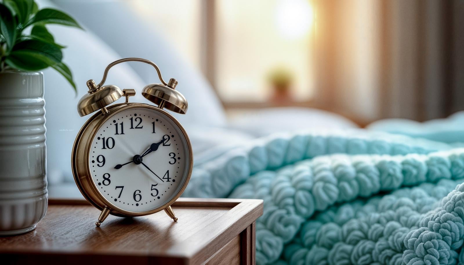 朝日が差し込む寝室のベッドサイドテーブルに置かれた金色のベル付き目覚まし時計