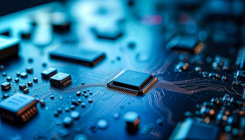 青い光に照らされた基板とICチップの写真