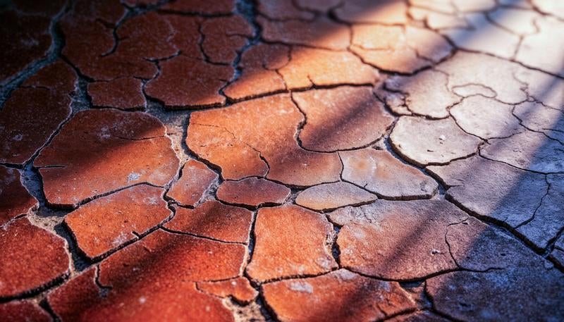 日差しに照らされた干ばつの地面のひび割れの写真