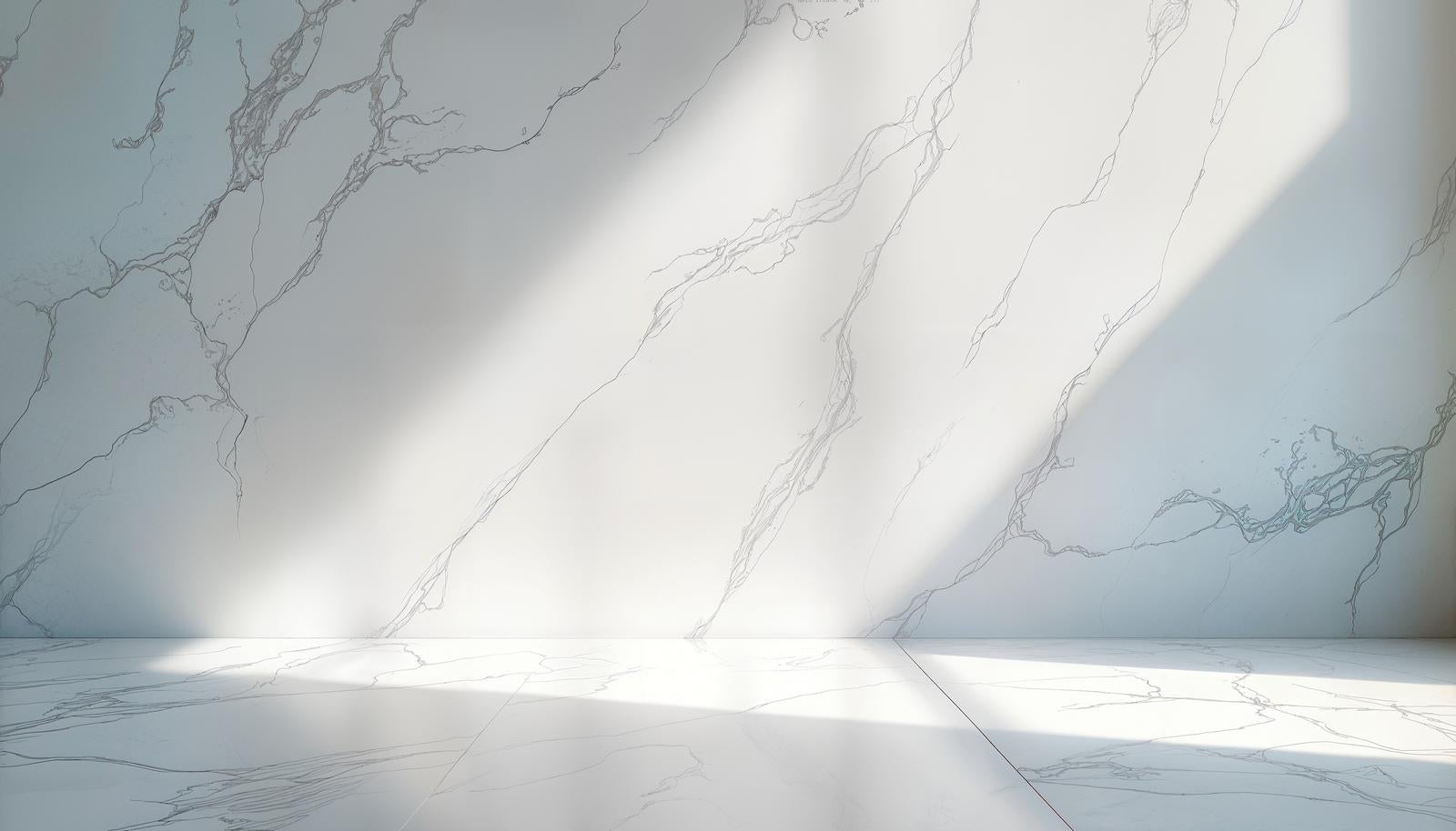 A space with white marble walls and floors featuring gray patterns, with diagonal light streaming in