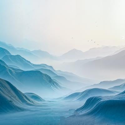 濃霧に霞む青い山脈の連なりの写真