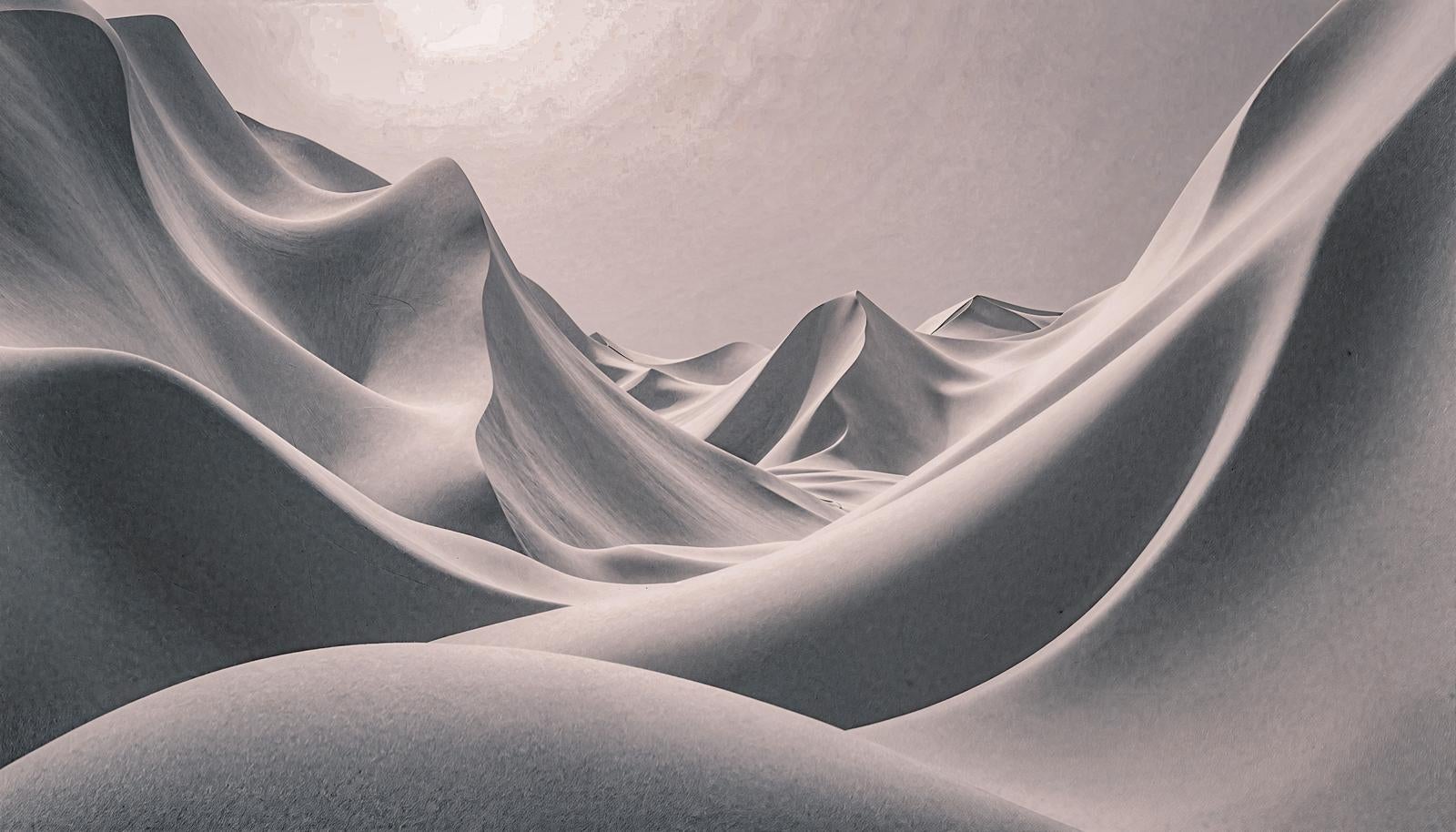 Desert sand dunes layered in wave patterns with white and gray tones, expressing three-dimensionality through light and shadow
