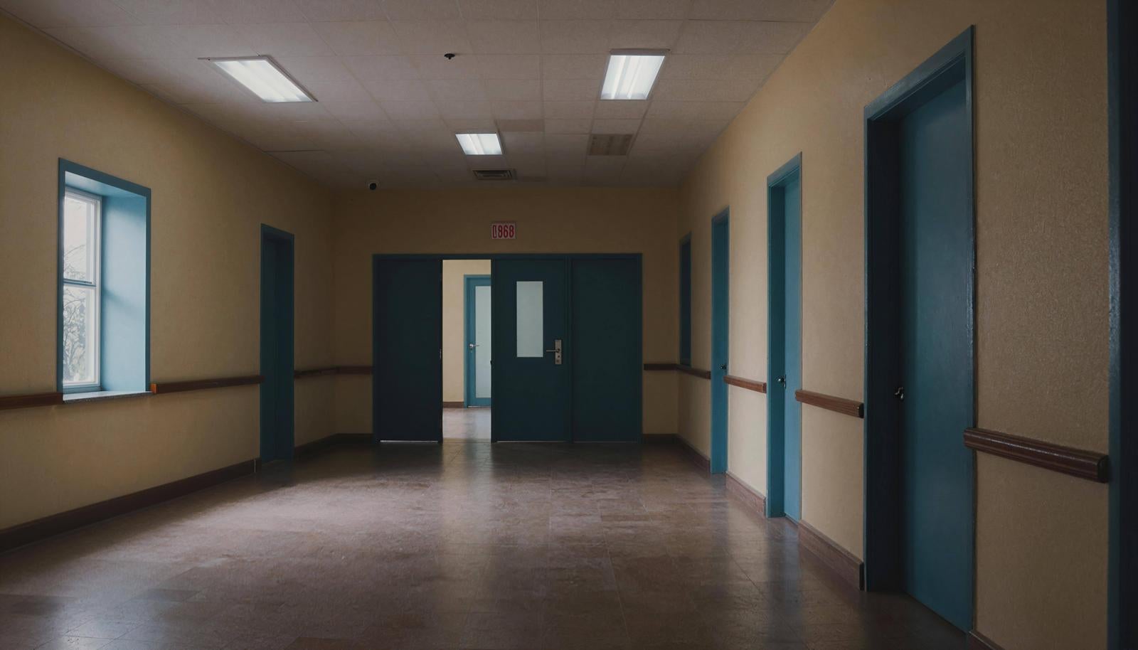 Apartment building corridor with dark navy doors lined up against a yellow wall, illuminated by fluorescent lights in the passageway