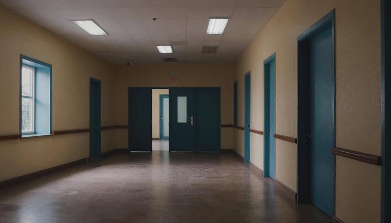 集合住宅の廊下にある濃紺のドアの写真