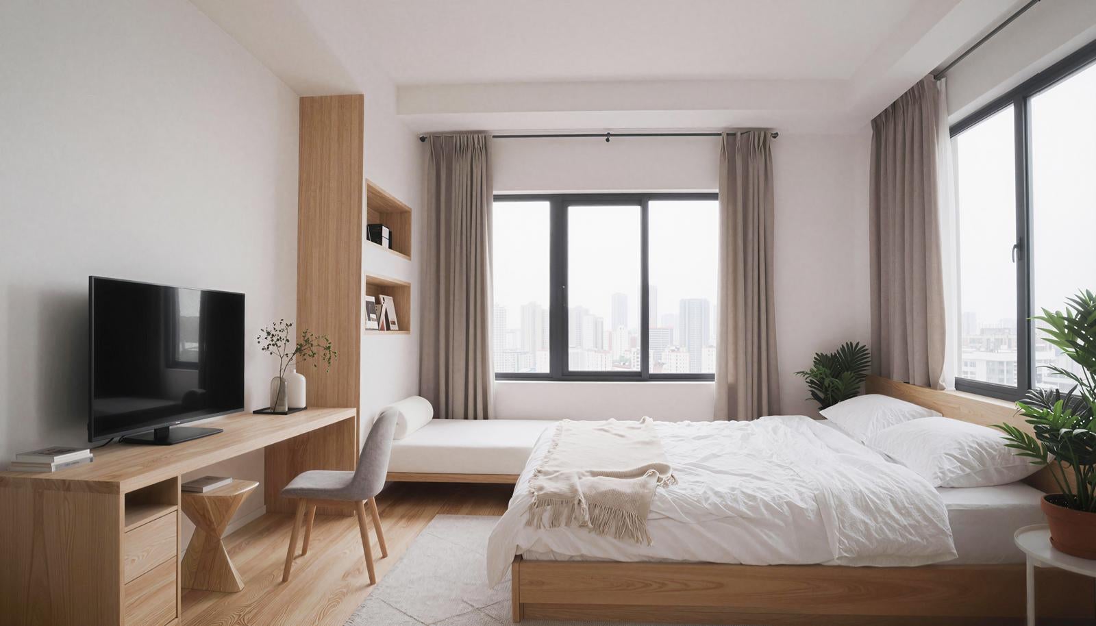 One-room bedroom with unified wooden furniture, bed, and large window with urban city view