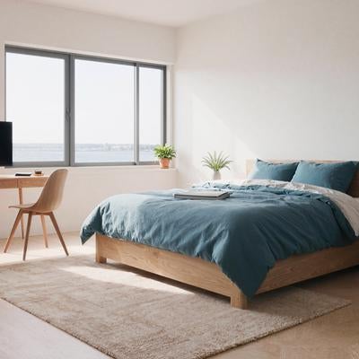 大きな窓から景色を楽しむベッドルーム兼デスク空間の写真