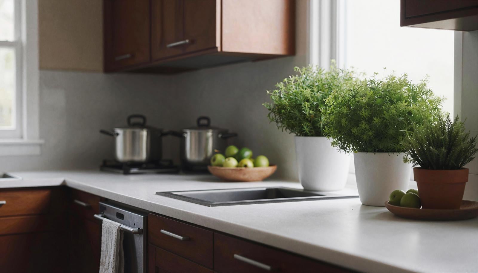 白いカウンターにダークブラウンのキャビネット、観葉植物や鍋が並ぶナチュラルなキッチン