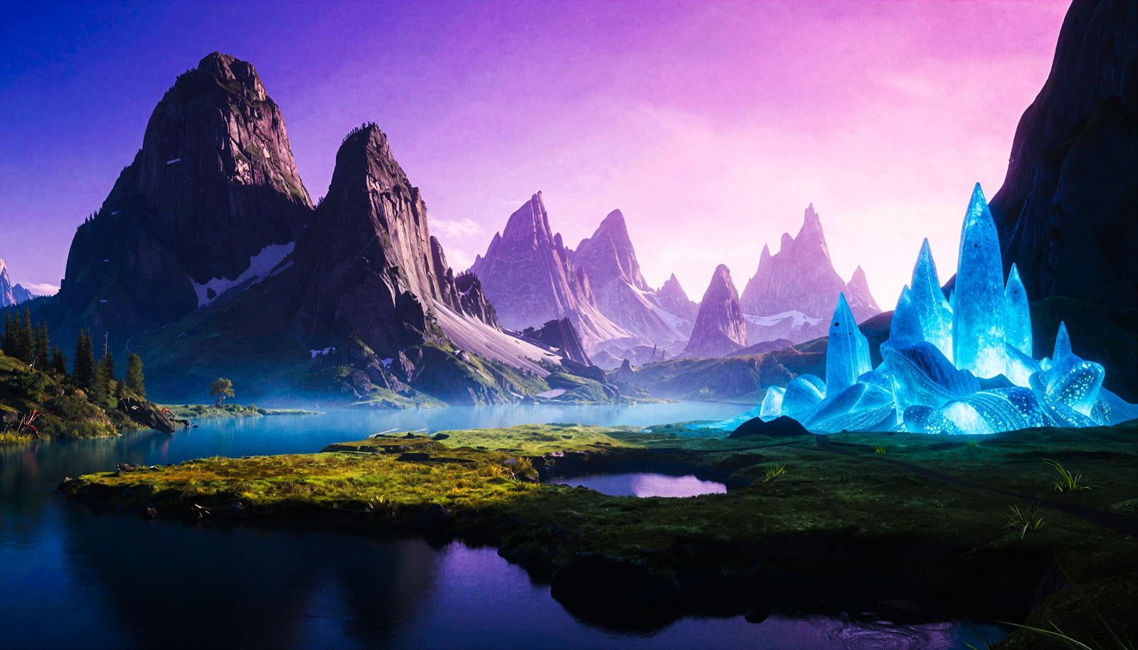 紫色の空を背景に青く光るクリスタルと尖った岩山がある異世界風景