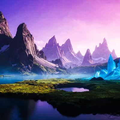 クリスタル鉱床と紫色の山々風景の写真