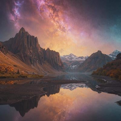 紫色に輝くオーロラが映る雪山渓谷の神秘湖の写真