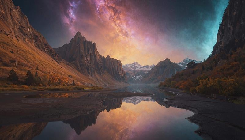 Mystical Lake in Snow-Capped Mountain Valley Reflecting Purple Aurora