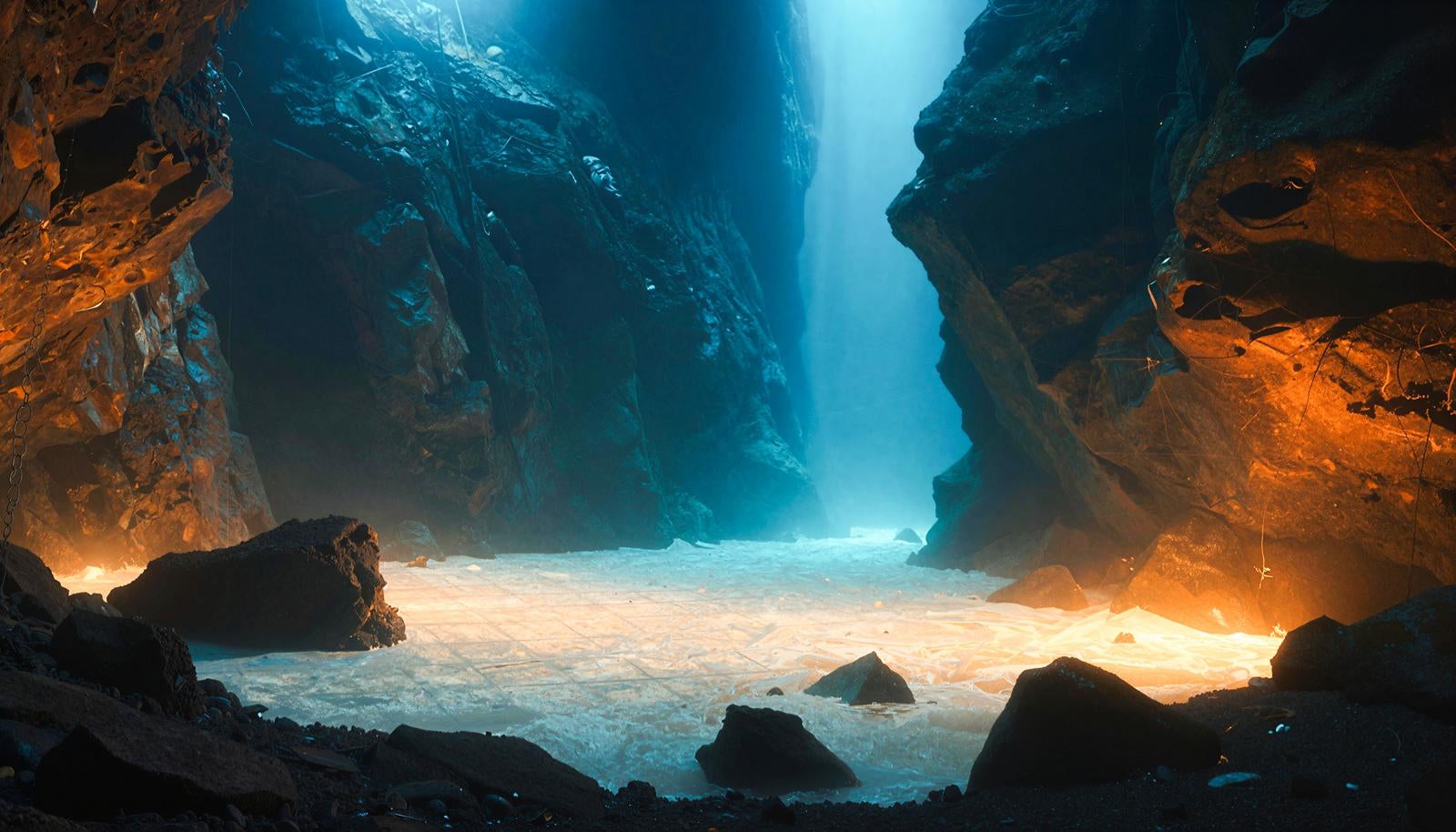 上方から青い光が差し込む海底洞窟の中、左右にそびえる岩壁と白い砂地の底面
