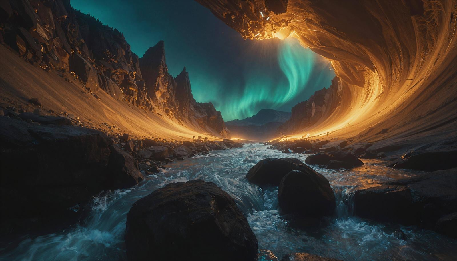 地下洞窟内から見上げた金色に光る天井と青緑色のオーロラが流れる風景