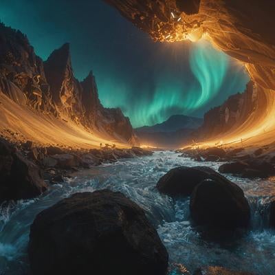 オーロラが波打つファンタジー洞窟の地下河川の写真