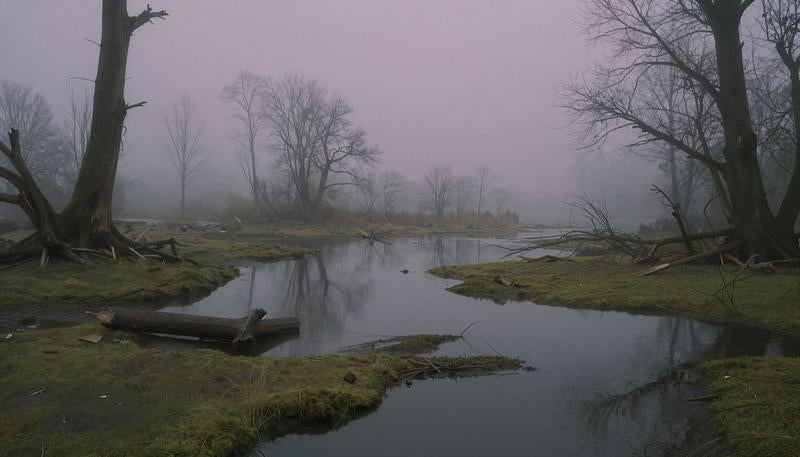 荒廃した沼地に横たわる倒木と苔むした地面の写真