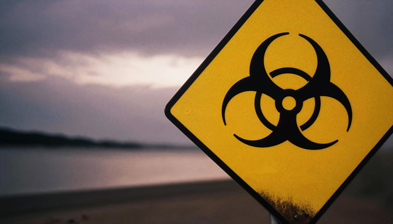 Warning sign with a yellow diamond shape and black biohazard mark against a cloudy sky