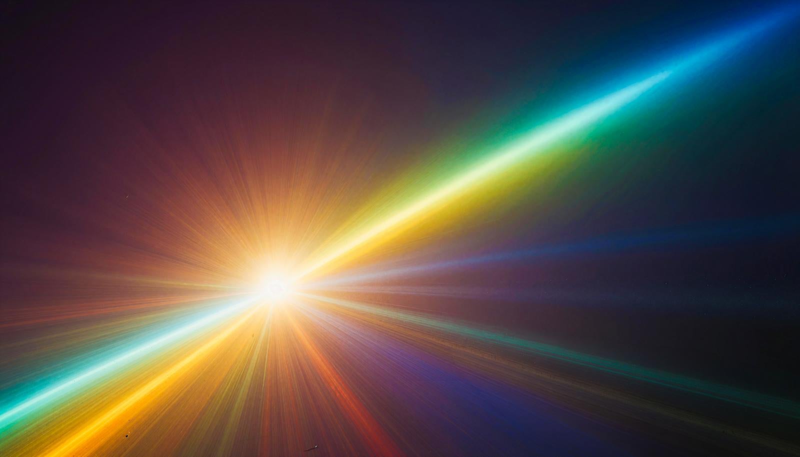 暗い背景の中央から虹色の光線がプリズムのように放射状に広がっているAI画像