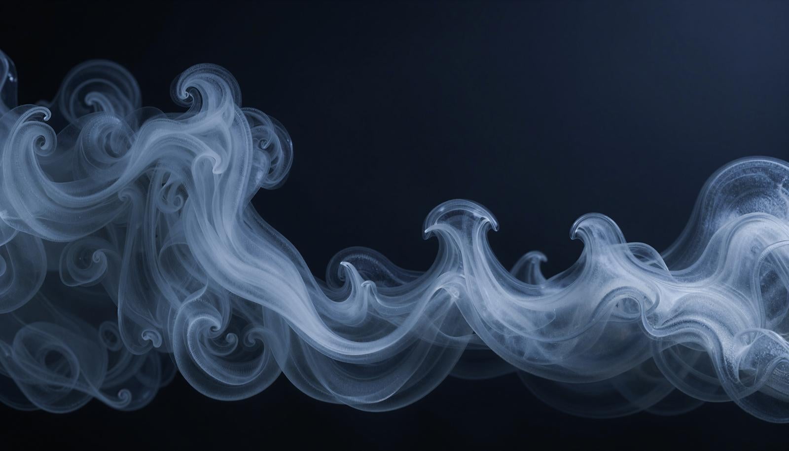 AI smoke image of white smoke swirling and flowing horizontally against a dark background