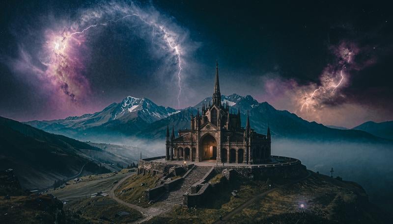 雷が落ちる山上のゴシック大聖堂の写真