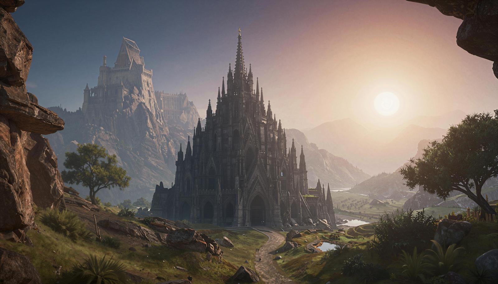 岩壁の間から見えるゴシック様式の巨大な大聖堂と山頂に建つ城塞のファンタジー風景