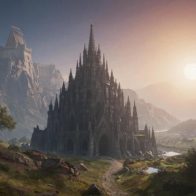 ゴシック大聖堂と山上の城塞のファンタジーの写真