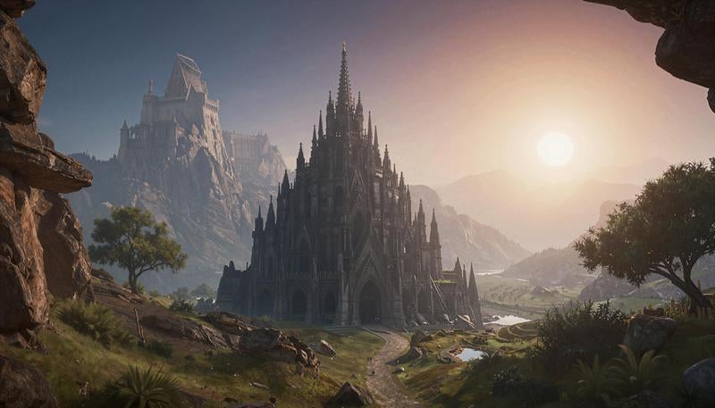 ゴシック大聖堂と山上の城塞のファンタジー