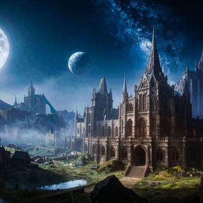 月夜に浮かぶゴシック風の城とファンタジー都市の写真