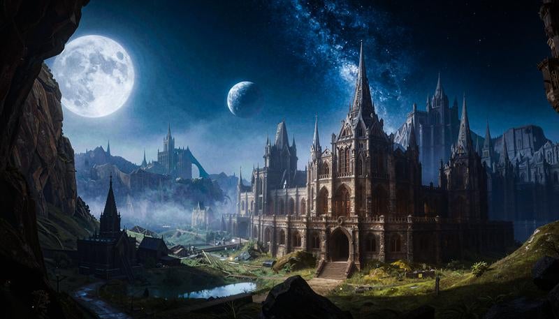 月夜に浮かぶゴシック風の城とファンタジー都市の写真