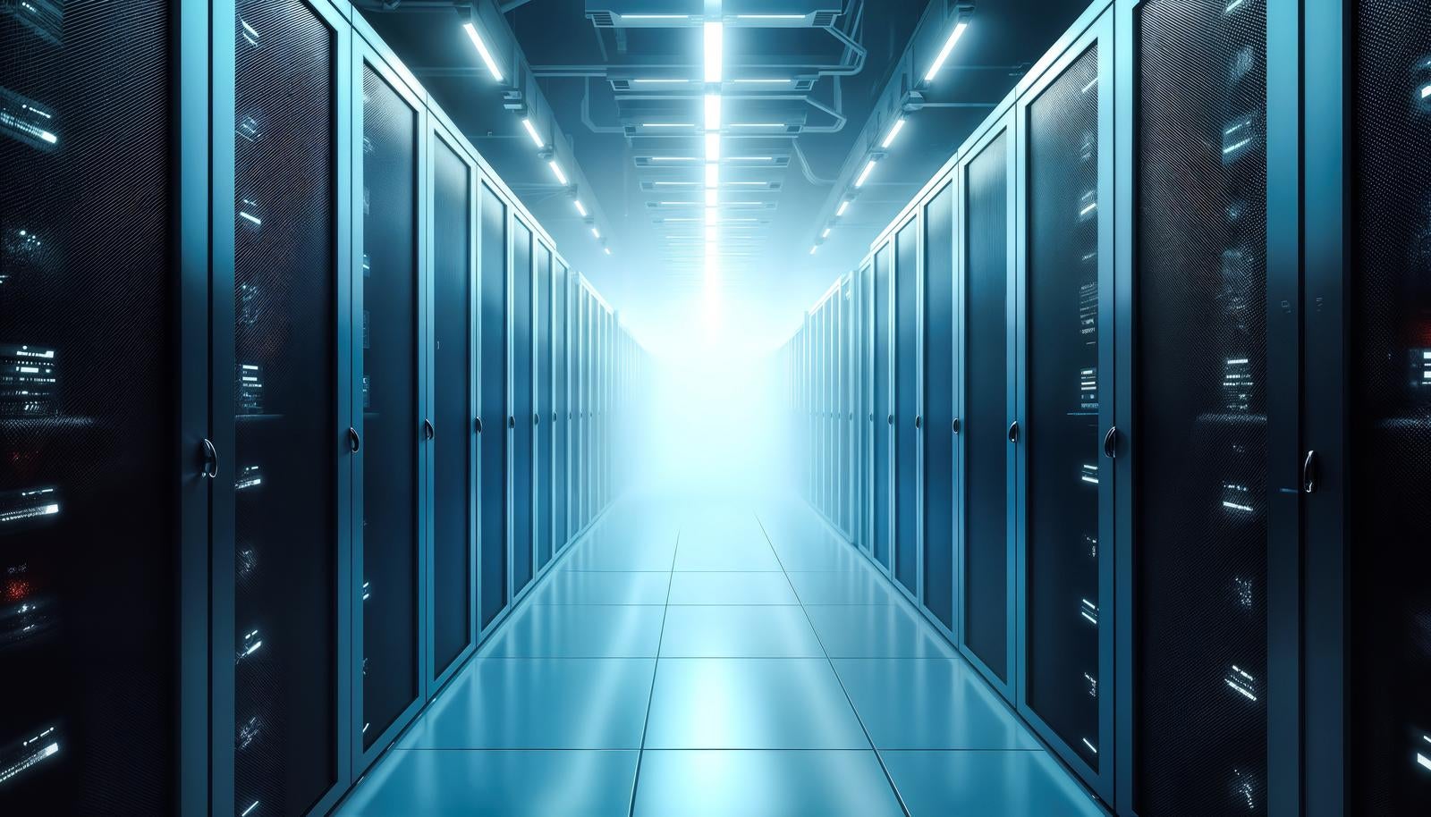 青白い照明に照らされたデータセンターの通路に左右にサーバーラックが並ぶ