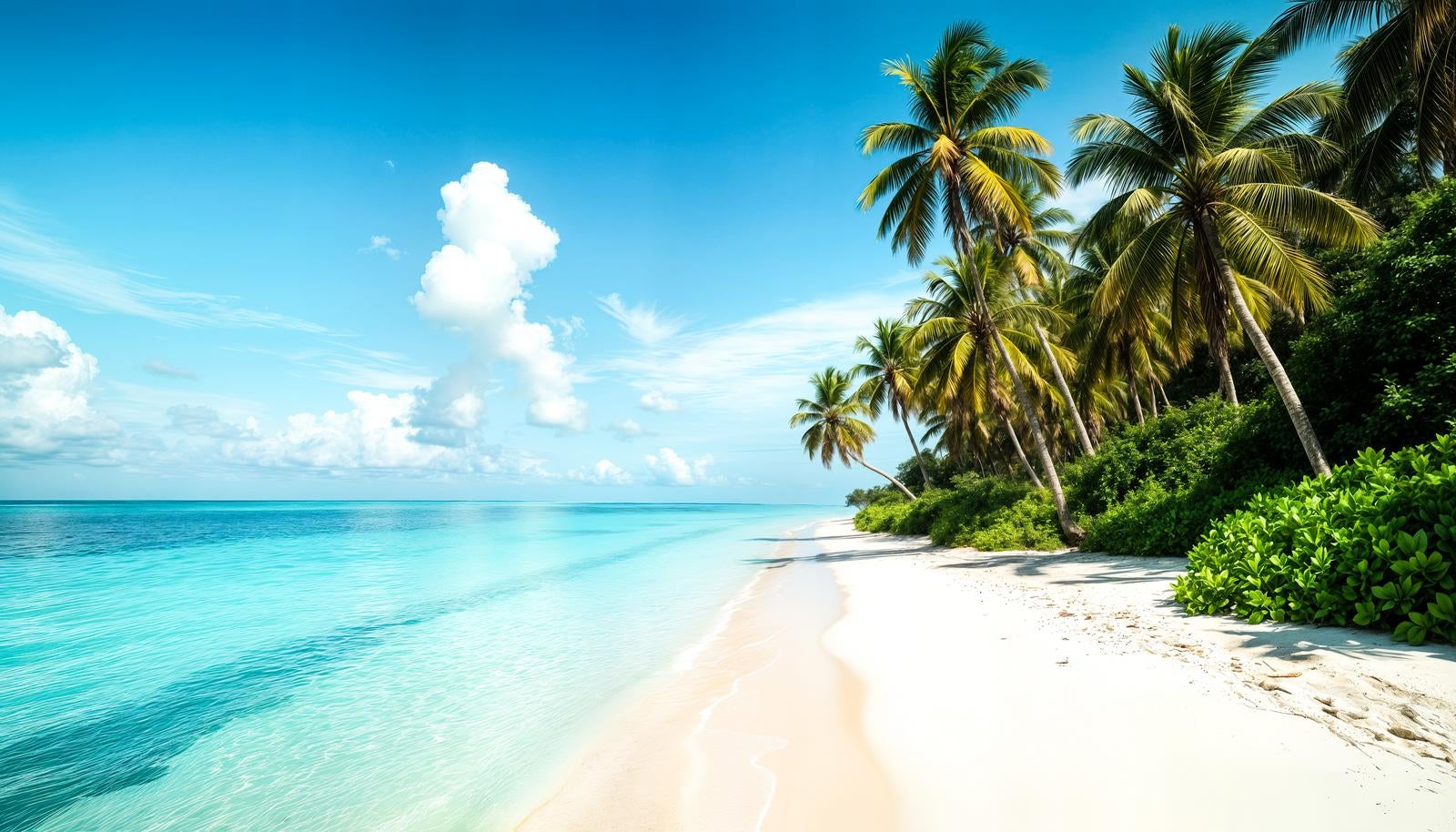 エメラルドグリーンの海と白い砂浜にヤシの木が立ち並ぶ南国リゾート風のビーチ