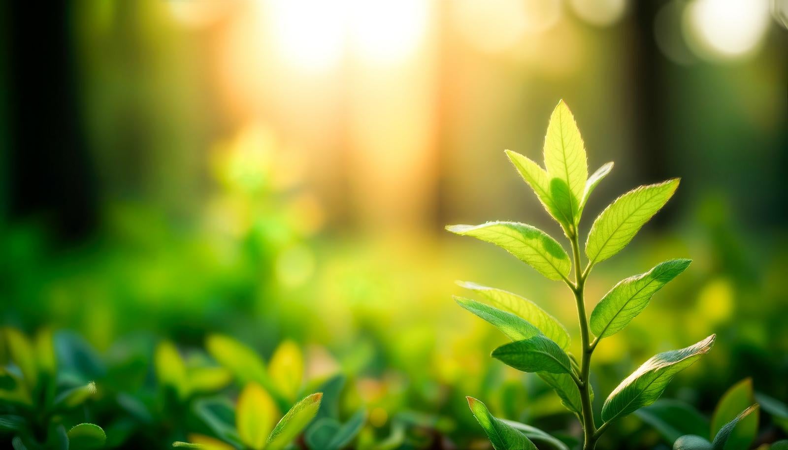 暖かい日差しの中で緑の低木からまっすぐ伸びる若葉の新芽のクローズアップ