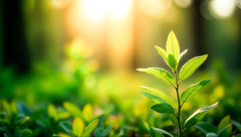 日差しを浴びて伸びる若葉の新芽の写真