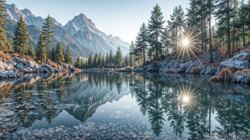 透明な湖面に映る雪山と森林の絶景の写真