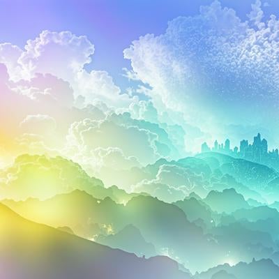 夢の中に迷い込むカラフルな雲と山の写真