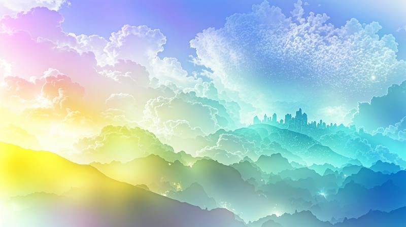 夢の中に迷い込むカラフルな雲と山の写真