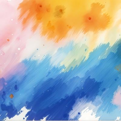 ピンク・オレンジ・ブルーが流れるカラフル水彩テクスチャーの写真