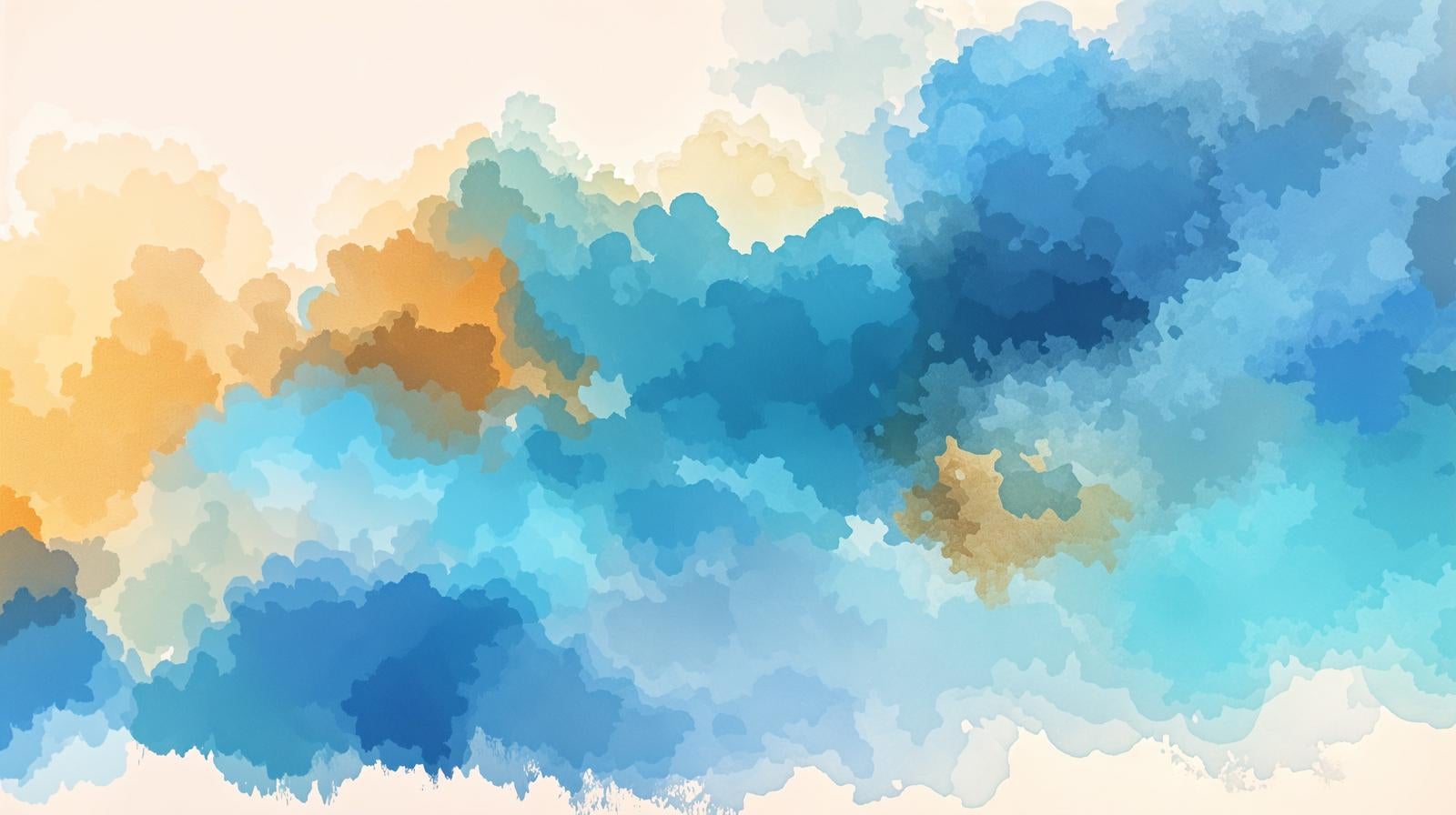 青と水色、オレンジの水彩絵の具が雲のように滲んで広がる抽象背景