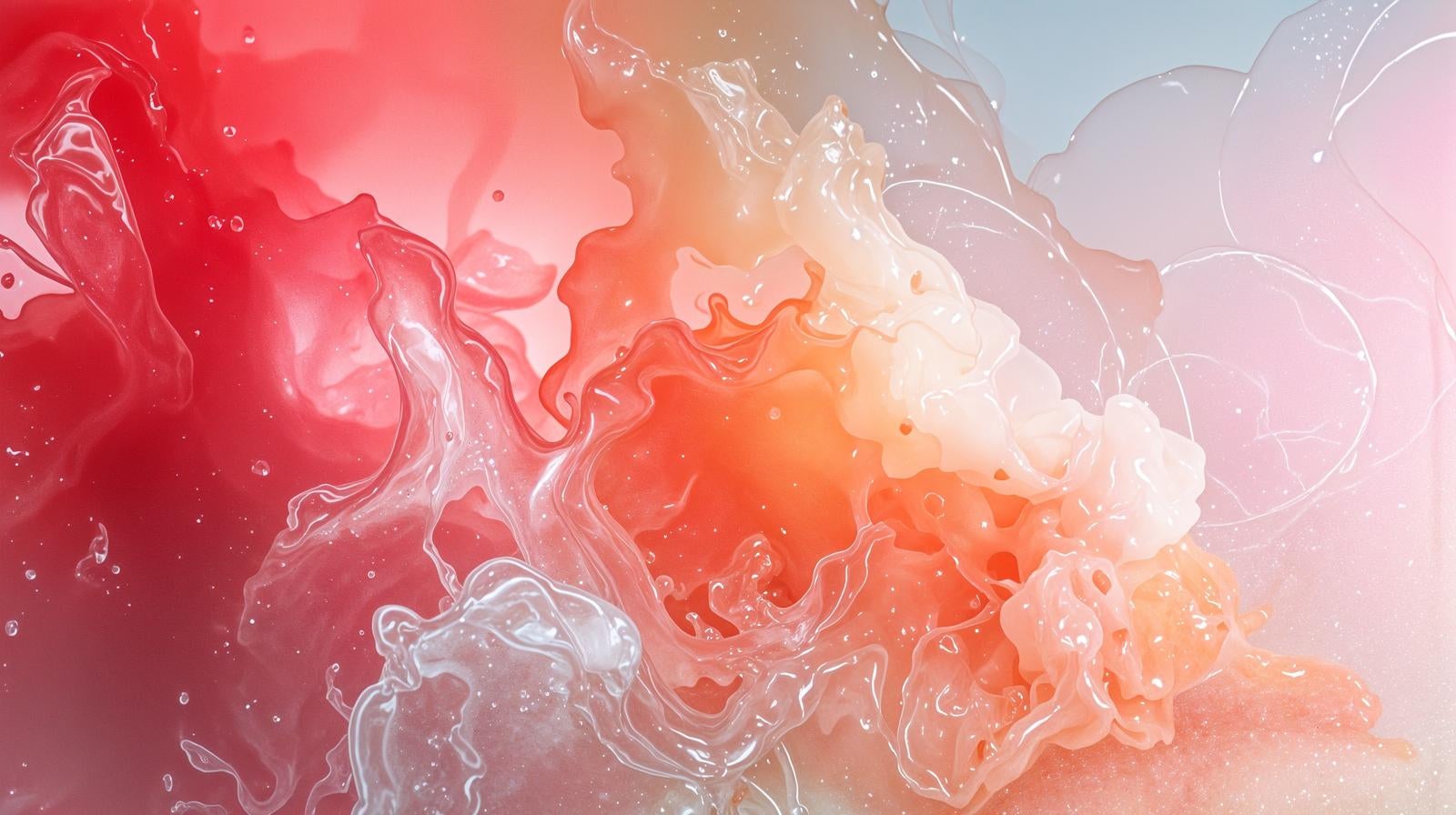 赤・ピンク・白の液体が渦を巻きながら混ざり合う抽象的な流体アート
