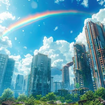 崩れた都市の虹と緑の素材
