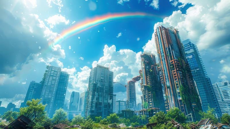 崩れた都市の虹と緑の写真