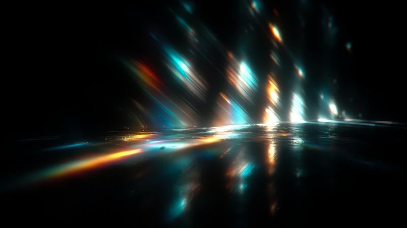 斜めに差し込むような無数の光の帯と虹色のスペクトルの写真