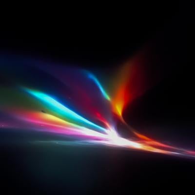 暗闇に広がる虹色の光線が放射状に輝く幻想的な光景の写真